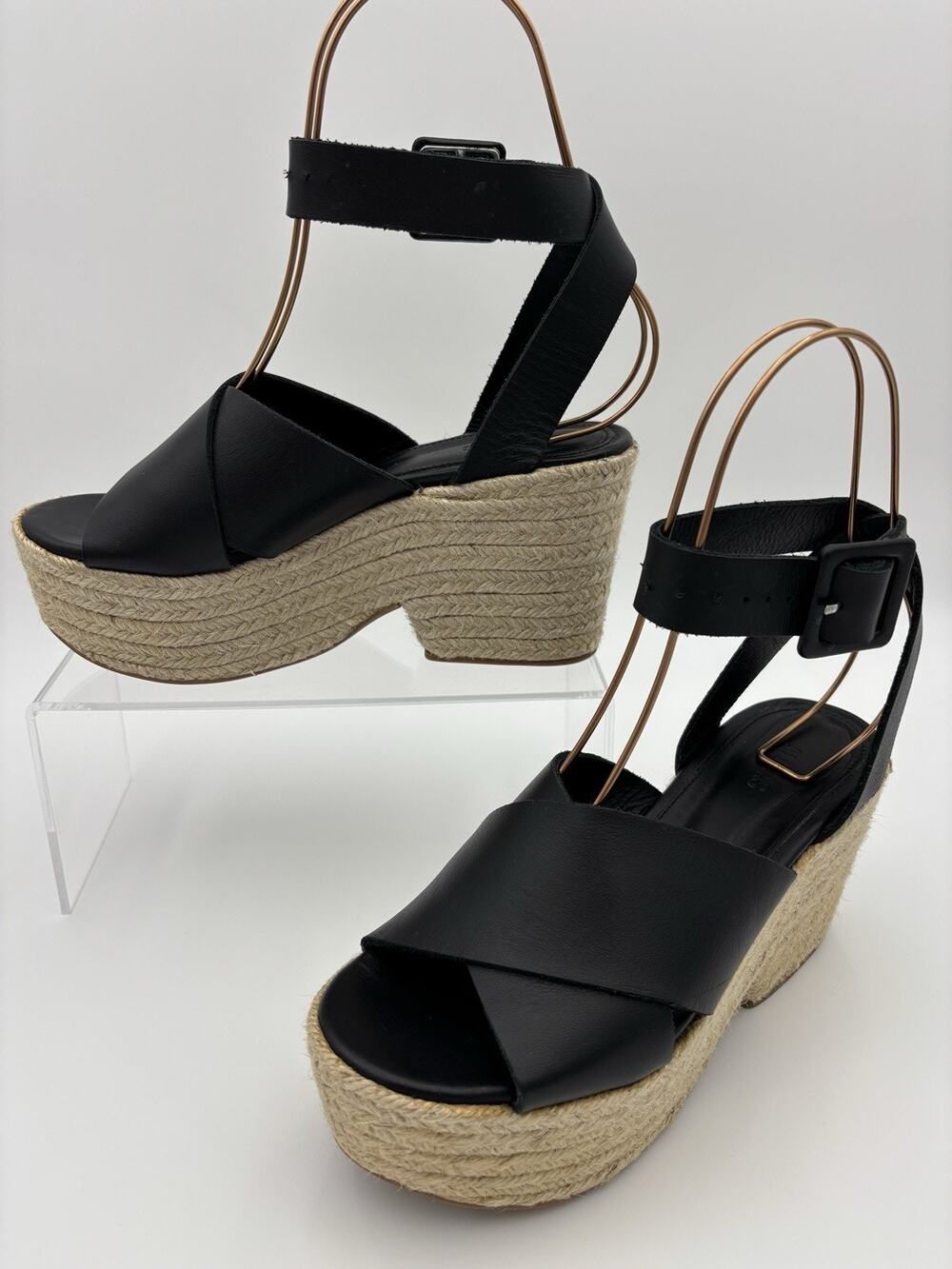 Alohas Platform Espadrille Sandals Black Leather Size 38 Adjustable Ankle Strap